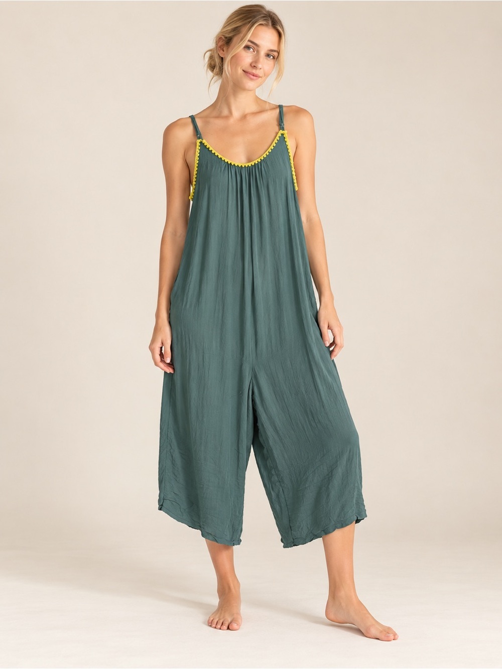 Hem & Thread wide leg pull on jumpsuit/rayon deep sage/yellow size medium